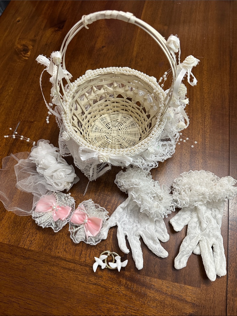 Vintage White Lace Flower Girl Basket Set with Gloves and Bows
